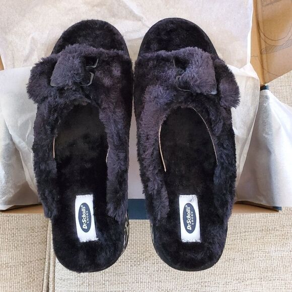 Dr. Scholl's Staycay OG Faux Fur Slide Slipper size 7 in Black- NEW - Picture 9 of 13